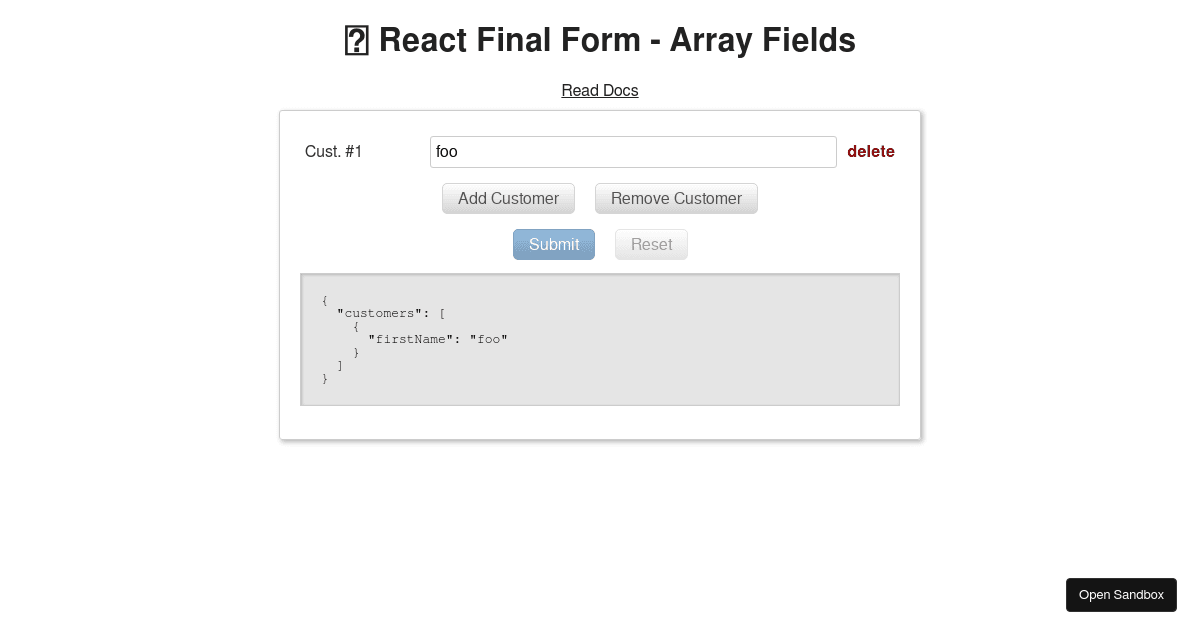 React Final Form Field Arrays Forked Codesandbox