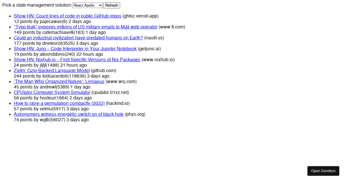 Hacker News - Ten Random Stories - Implementations - Codesandbox