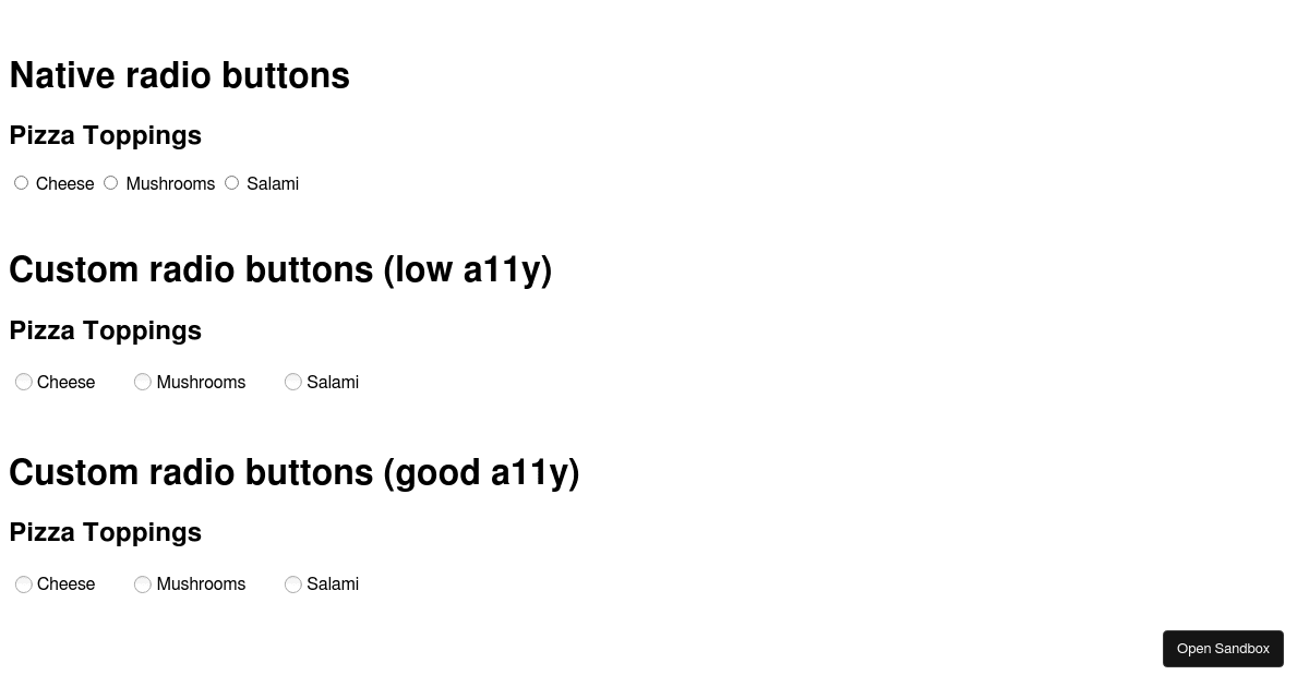 a11y - example 2 - radio buttons - Codesandbox