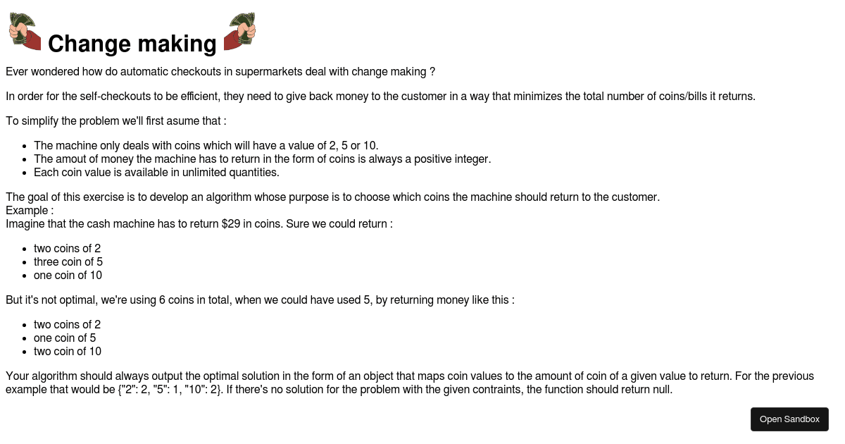 Dojo change making problem correction codesandbox