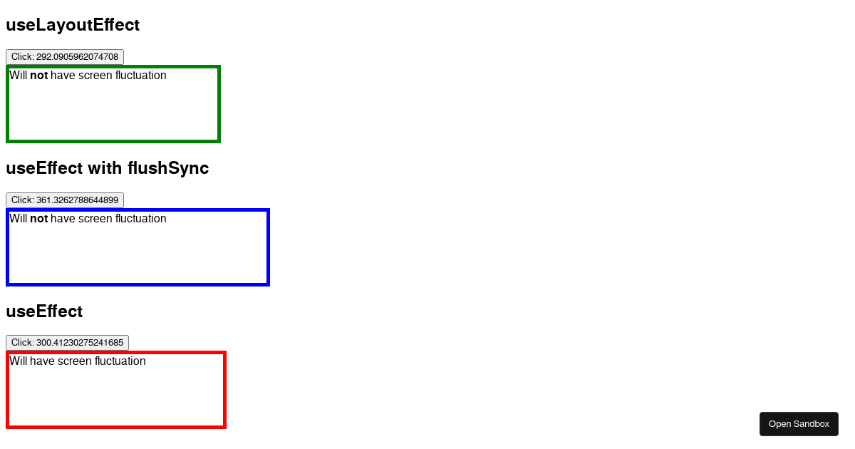 useEffect vs useLayoutEffect vs flushSync - Codesandbox
