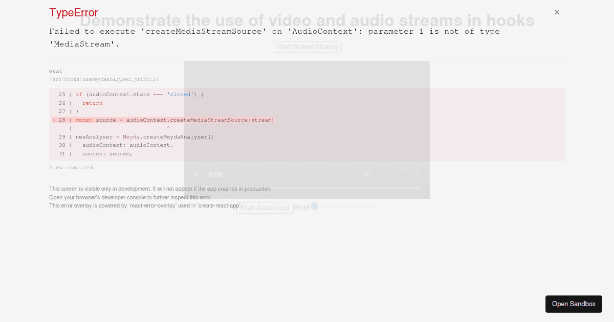 Demonstrate the use of video and audio streams in hooks - Codesandbox