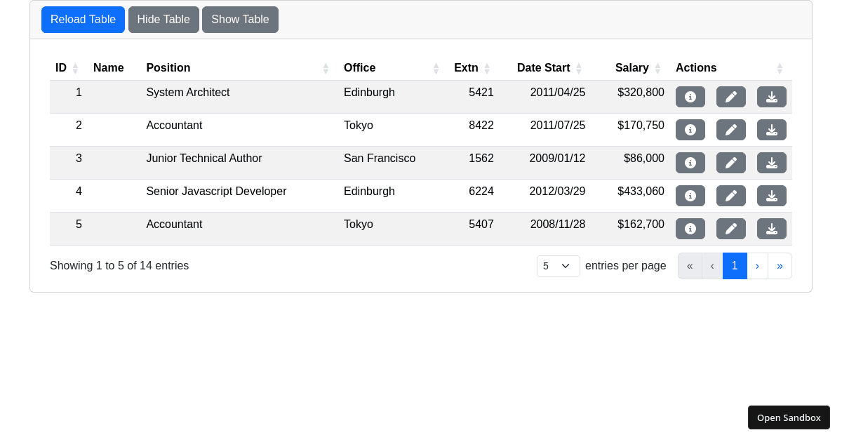 DataTable paging issue when hidden - Codesandbox