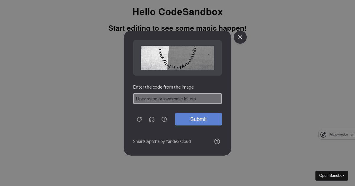 InvisibleSmartCaptcha React test OnTokenExpired - Codesandbox