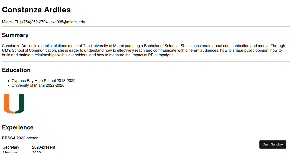 CIM 103 HTML Resume Assignment- Constanza Ardiles - Codesandbox
