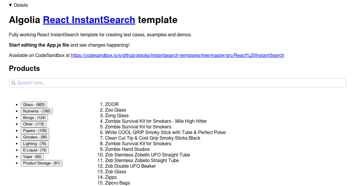 React InstantSearch - connectMenu X connectInfiniteHits - Codesandbox