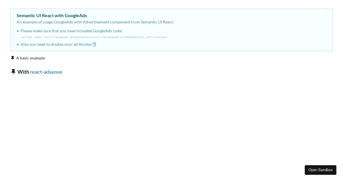 Semantic UI React Advertisement with Google Ads (forked) - Codesandbox