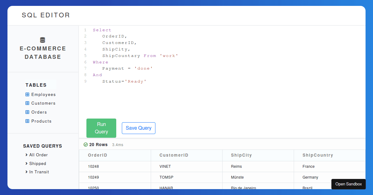 Sql editor codesandbox