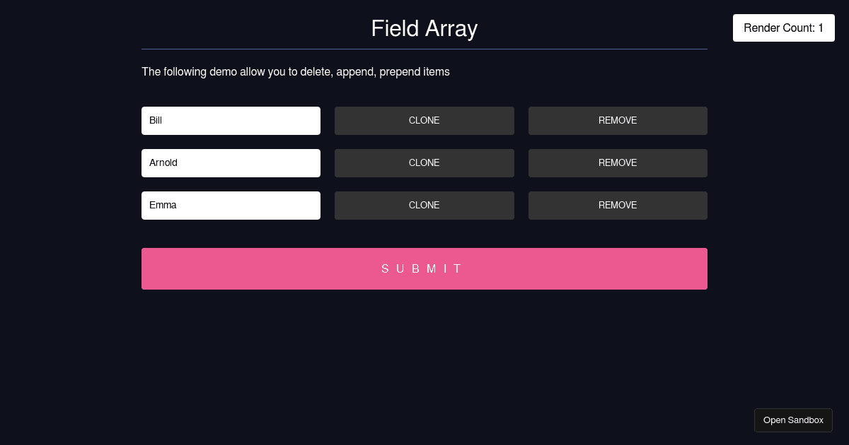 React Hook Form - useFieldArray (forked) - Codesandbox