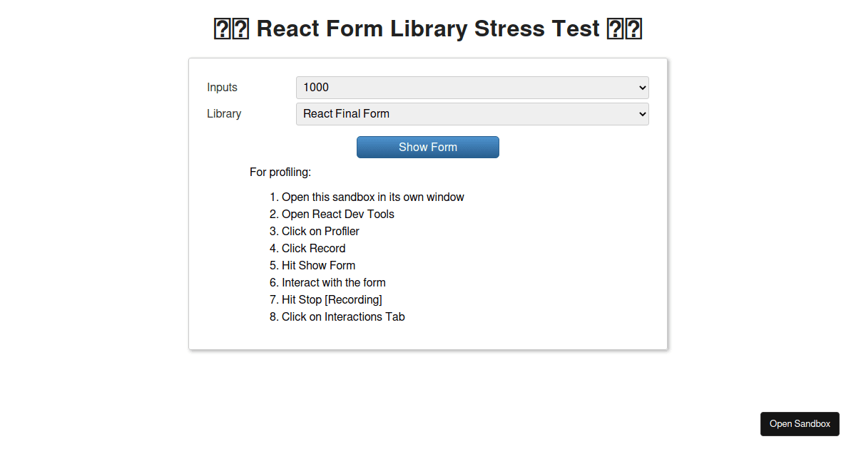 React Form Library Stress Test - Codesandbox