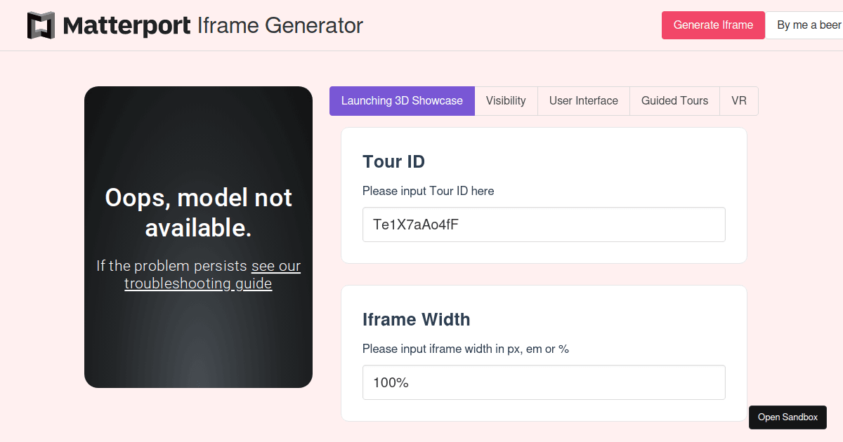 Matterport Iframe Generator - Codesandbox