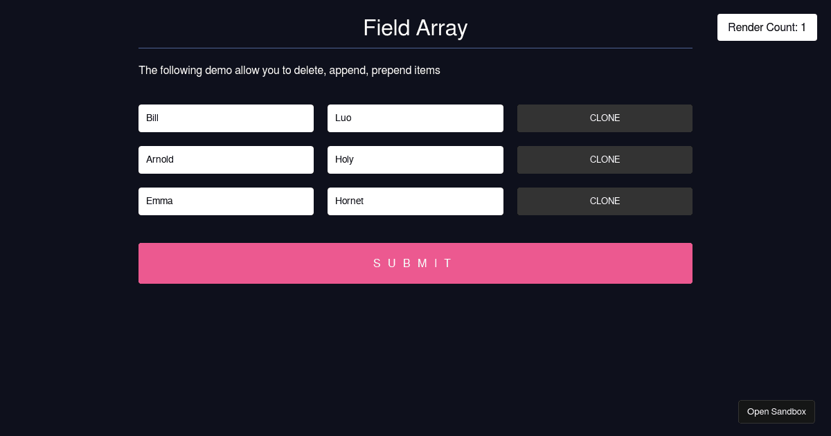 React Hook Form - useFieldArray - Codesandbox