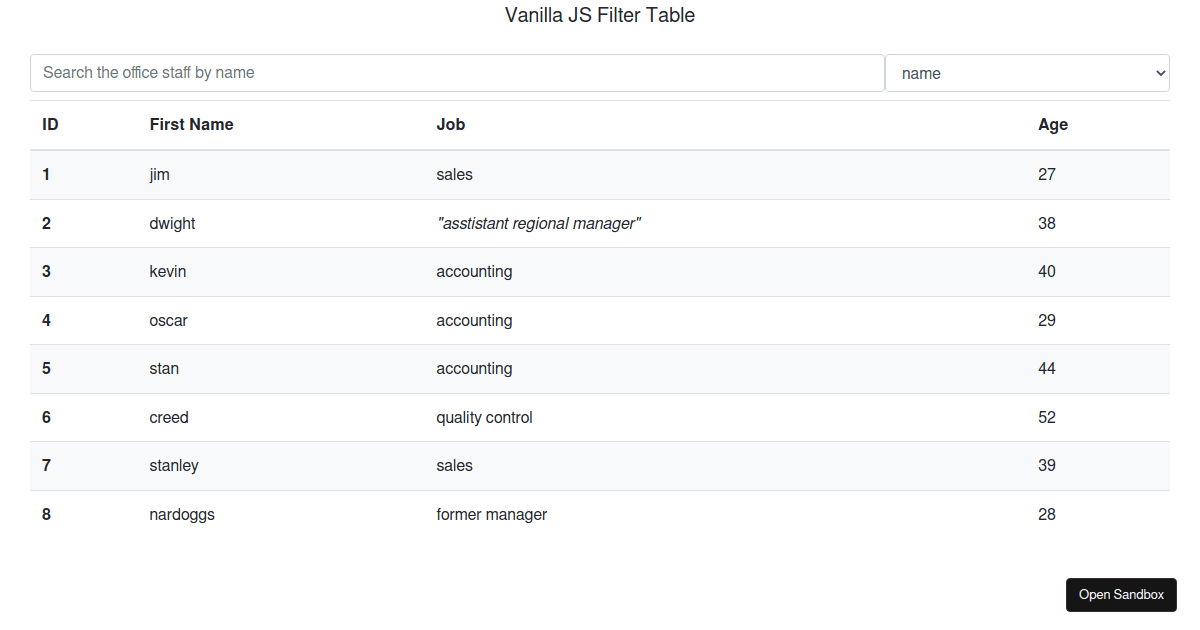 Vanilla Js Filter Table Codesandbox