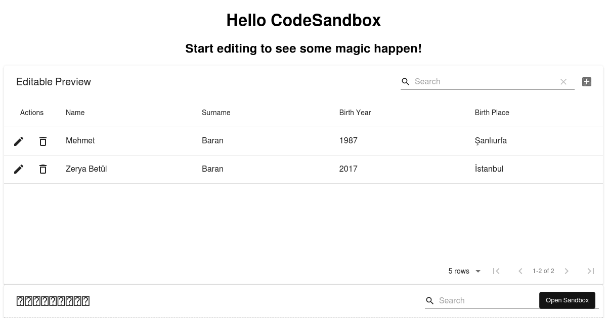 Material-table, editable demo - React Typescript (forked) - Codesandbox