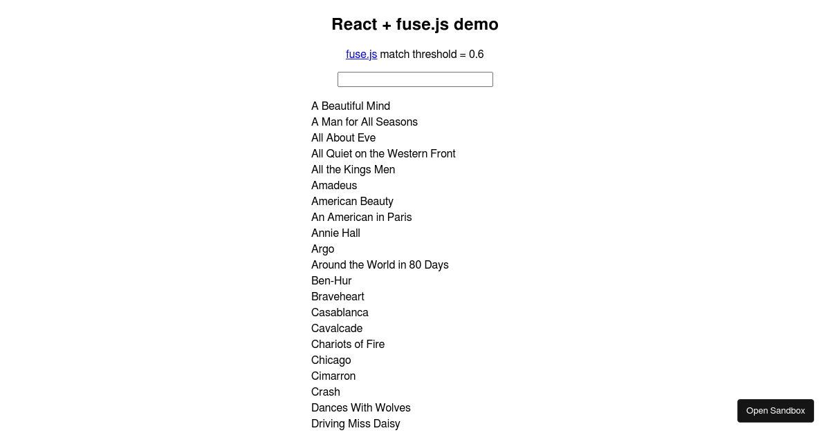 React + fuse.js search demo Codesandbox