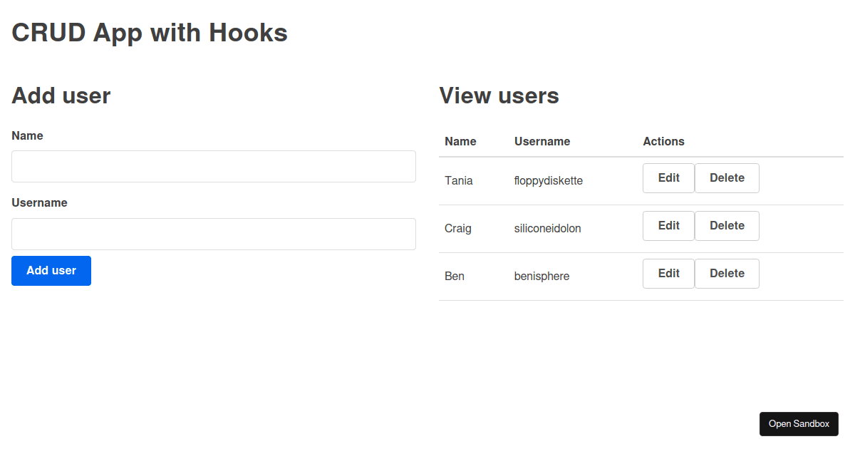 CRUD App - React Hooks - Codesandbox