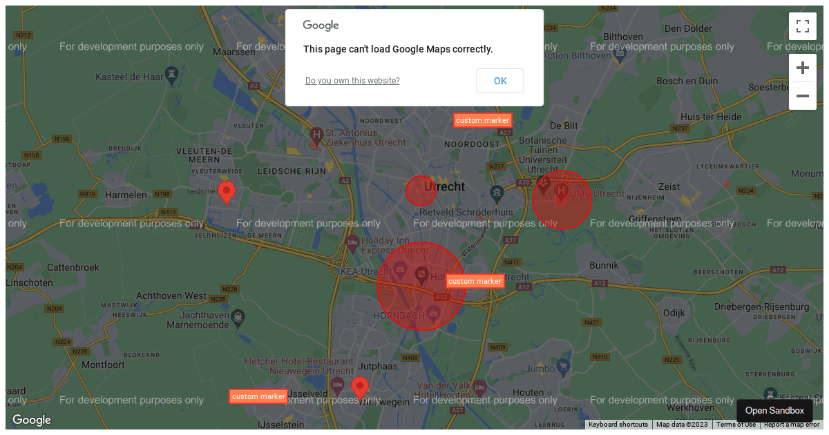 Vue 3 - Google map base - circles + markers + custom markers - Codesandbox