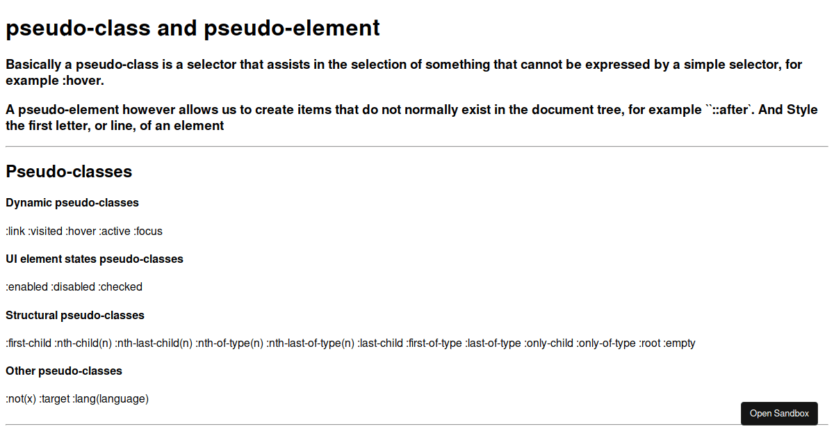 pseudo class and pseudo element - Codesandbox