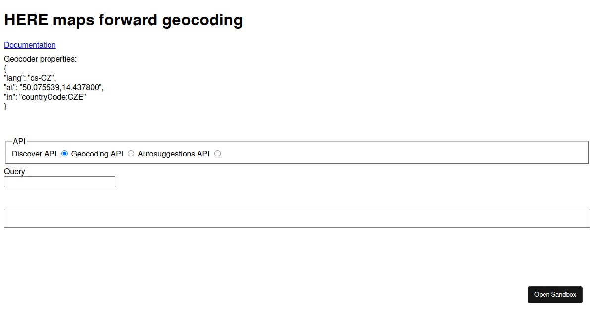 Here Code HERE map geocoder testing playground with discover - Codesandbox