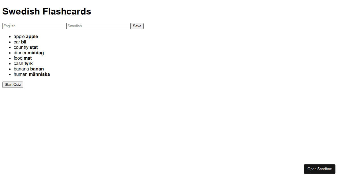 Flashcard quiz Codesandbox