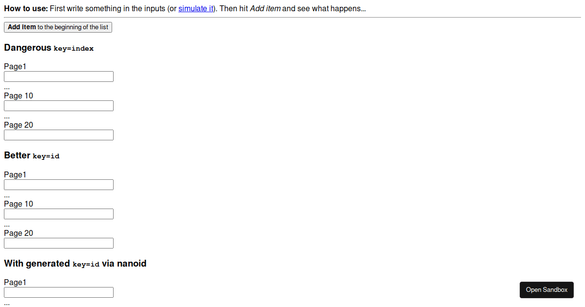key index & key=id example Codesandbox