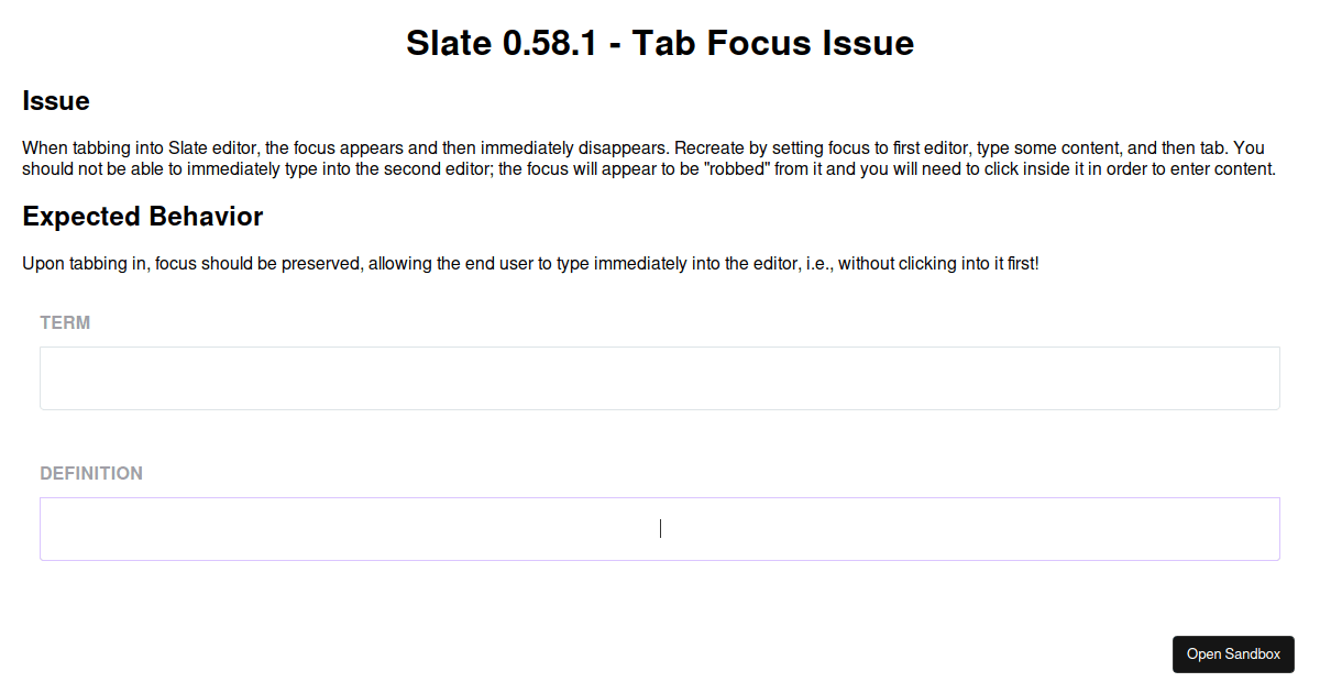 Slate Tab Between Editor Issue - Codesandbox