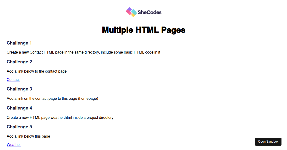 Multiple HTML Pages - Challenge - Codesandbox