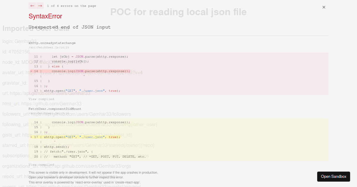 javascript : how to read an external local json file... simple-local-JSON-file-reading - Codesandbox