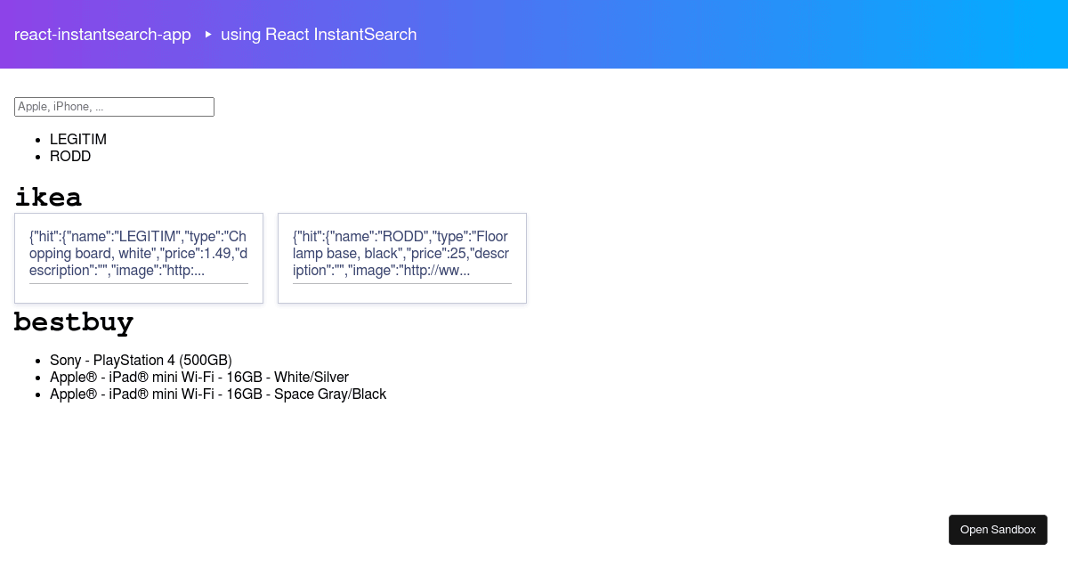 React InstantSearch - Multi hits with connectAutoComplete (forked ...