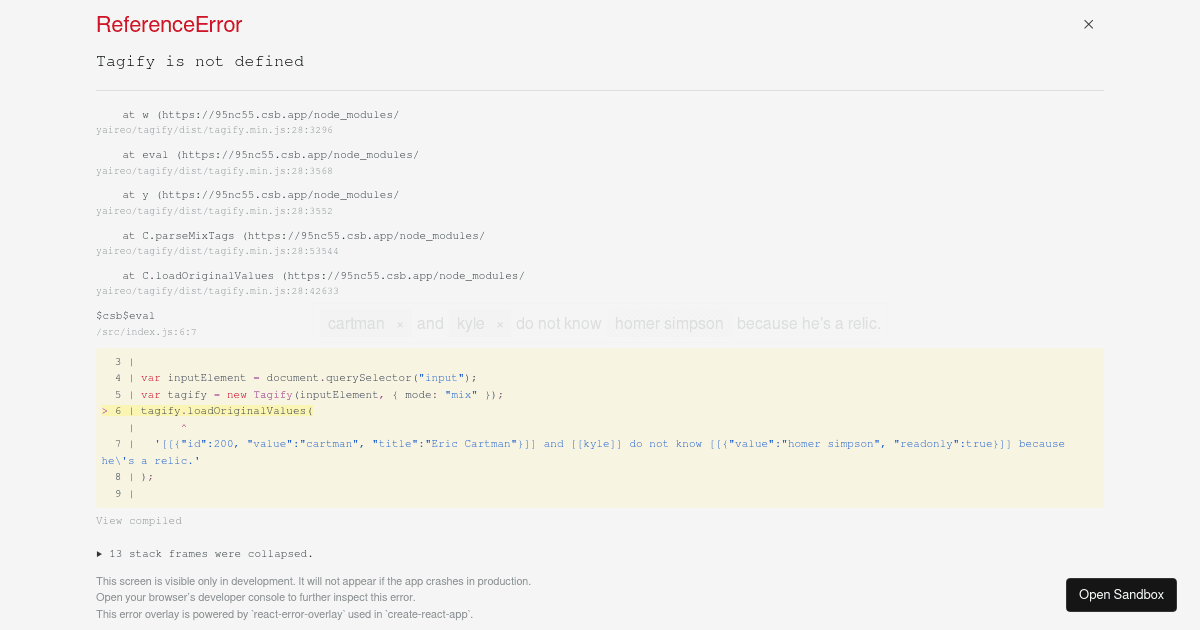 Simple Tagify setup (logger error) - Codesandbox