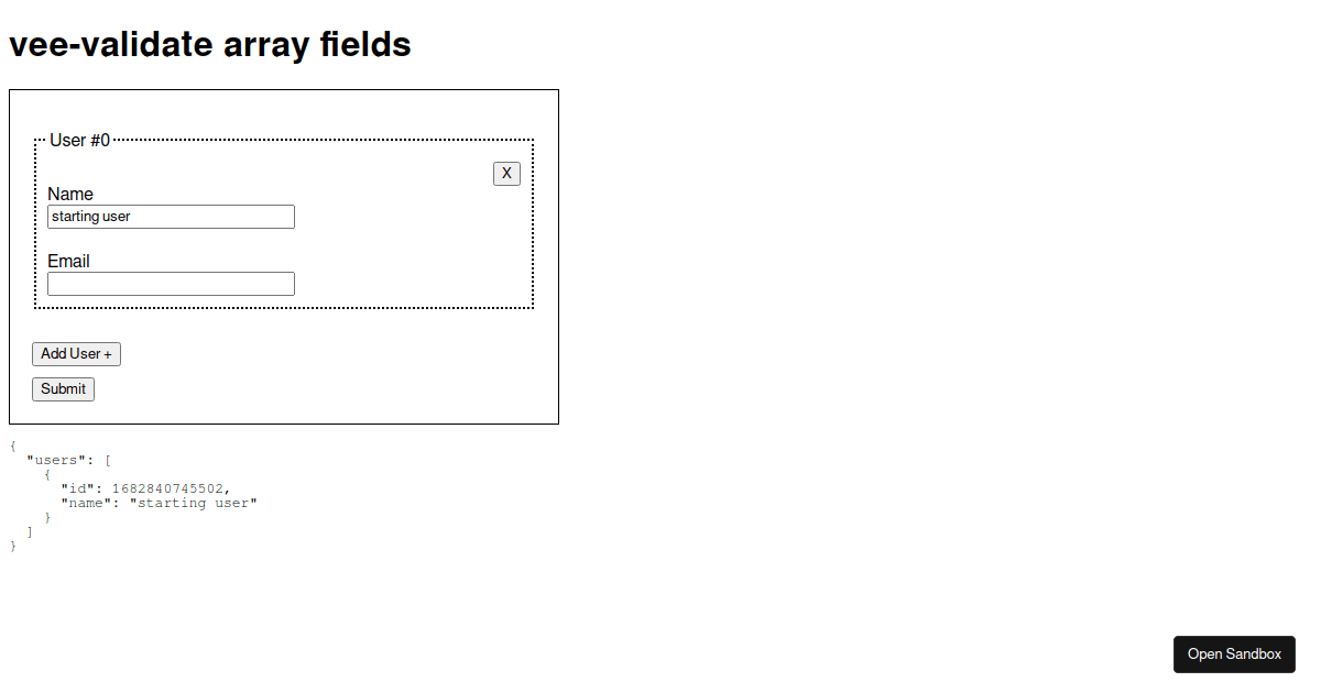 vee-validate array fields unshift issue - Codesandbox