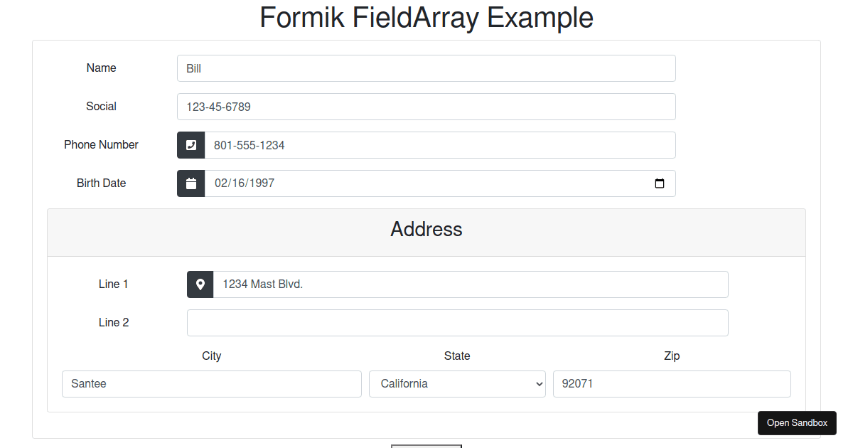 Formik FieldArray Example - Codesandbox