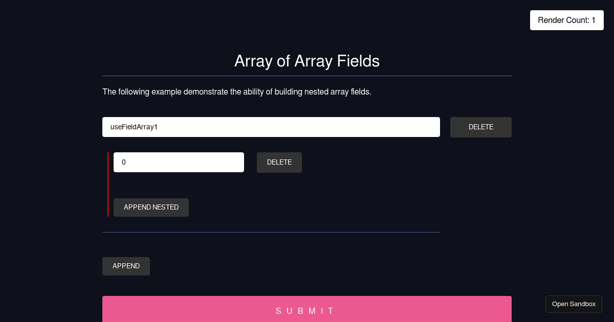 React Hook Form - useFieldArray nested arrays (forked) - Codesandbox