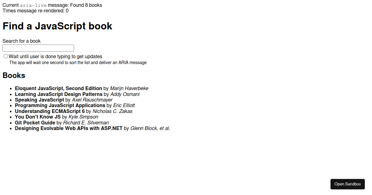 Book search w/ debounce & aria live - Codesandbox