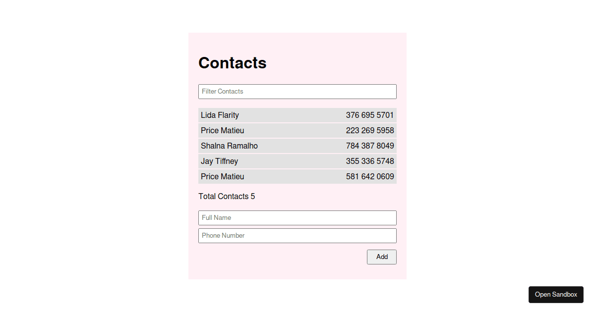 Patika Contact projesi - Codesandbox