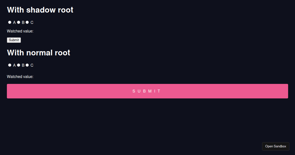 React Hook Form bug in shadow root - Codesandbox