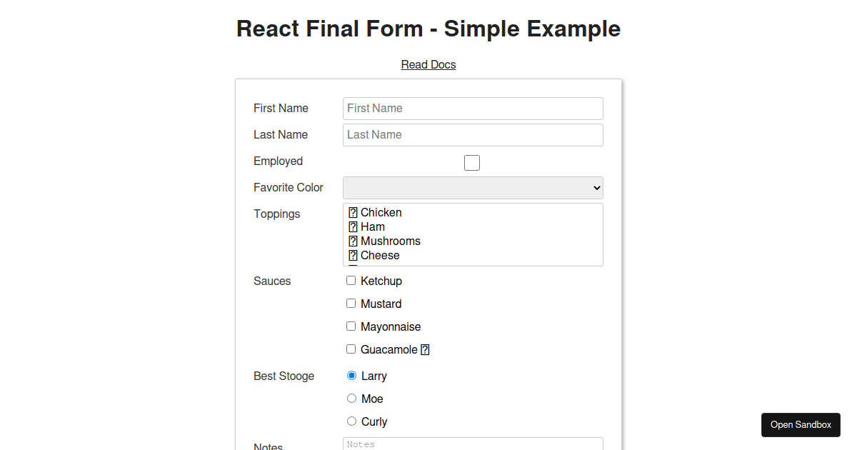 The live preview of React Final Form - Simple Example