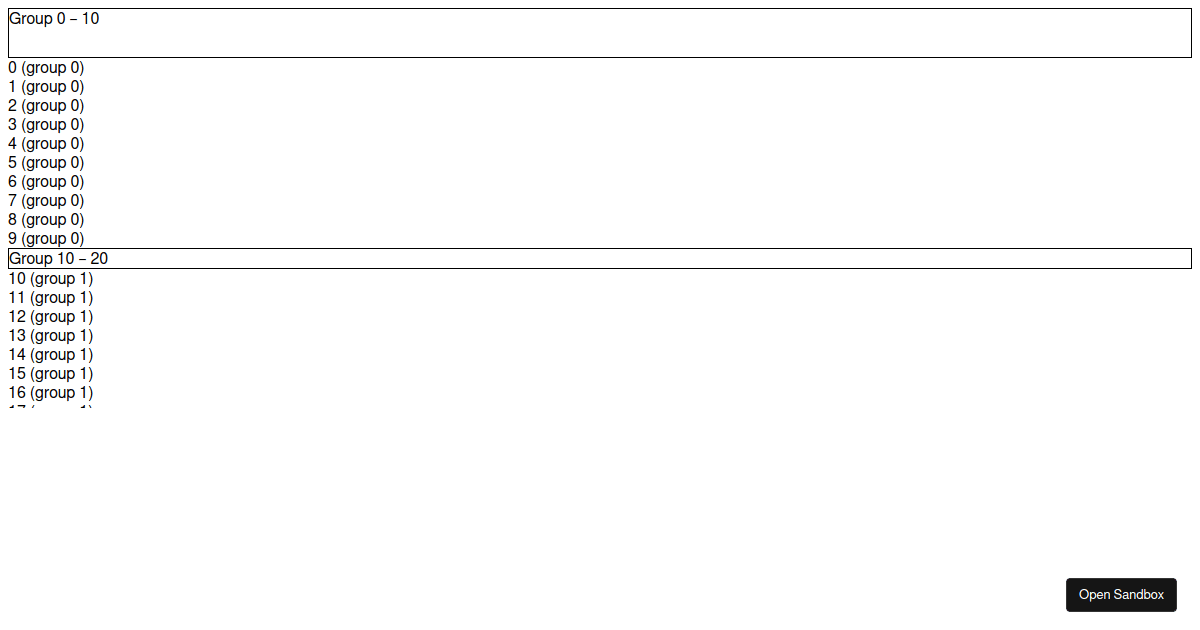 GroupedVirtuoso static headers Codesandbox