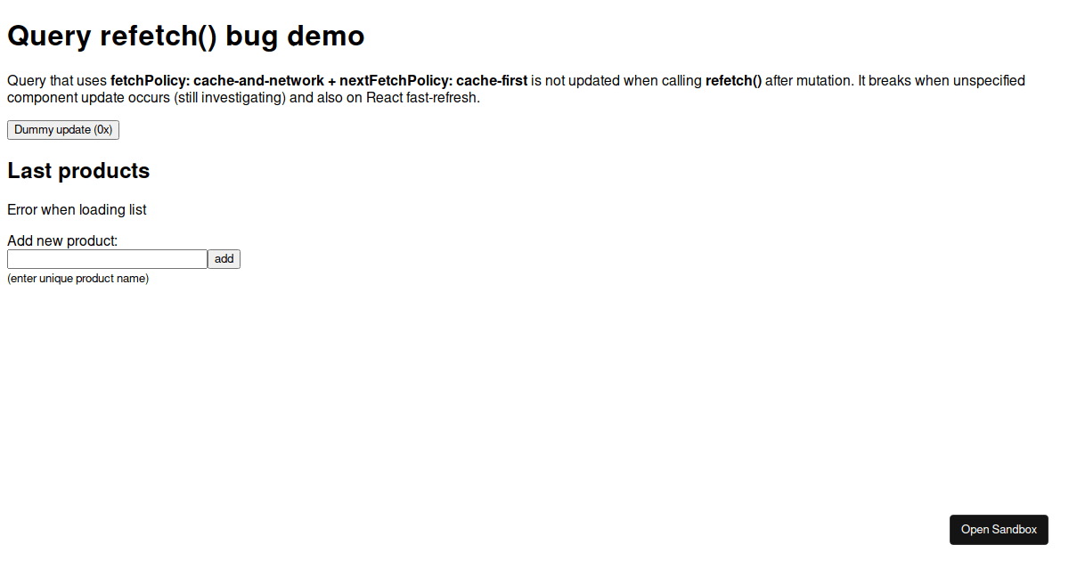 Apollo Client 3 nextFetchPolicy bug demo - Codesandbox