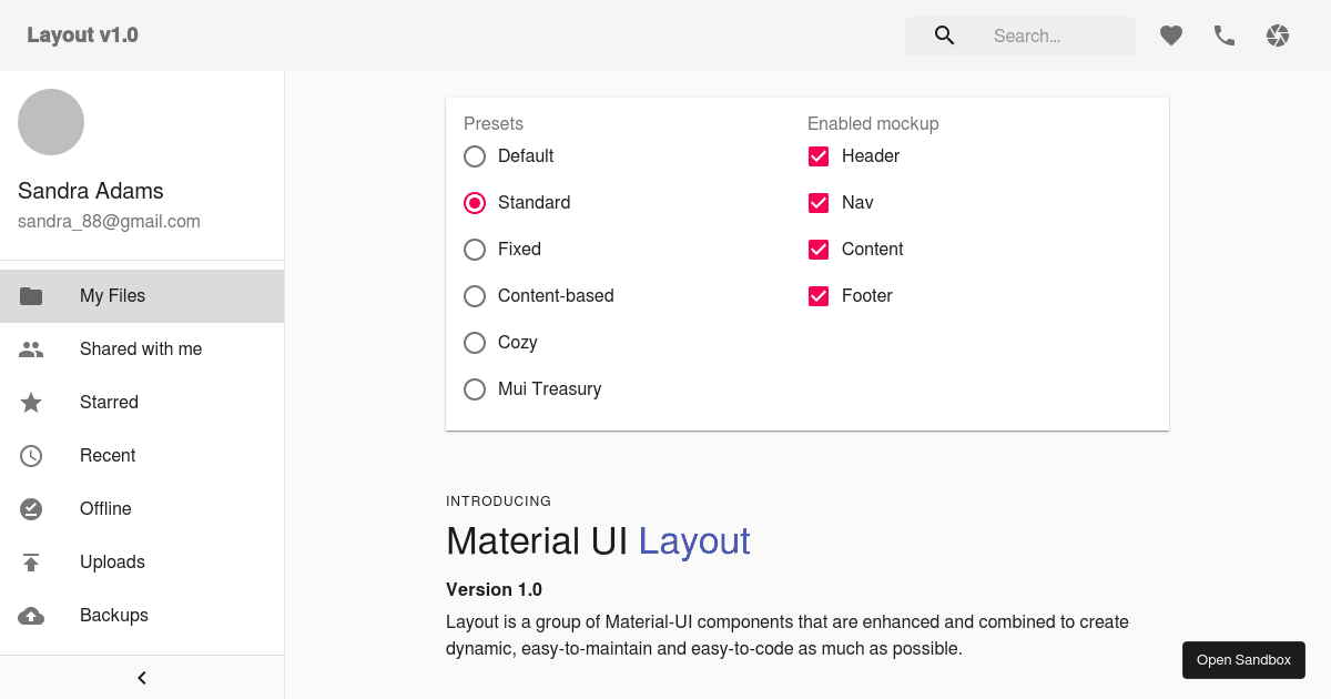 Material-UI Layout (v1.2.9) - Codesandbox