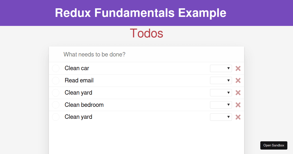 Redux example. To do list React Redux. Fox Toolkit example.