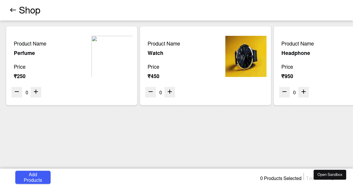 Shopping Cart Using UseState - Codesandbox