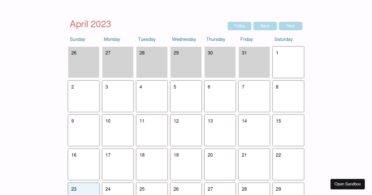 Calendar in pure js - Codesandbox