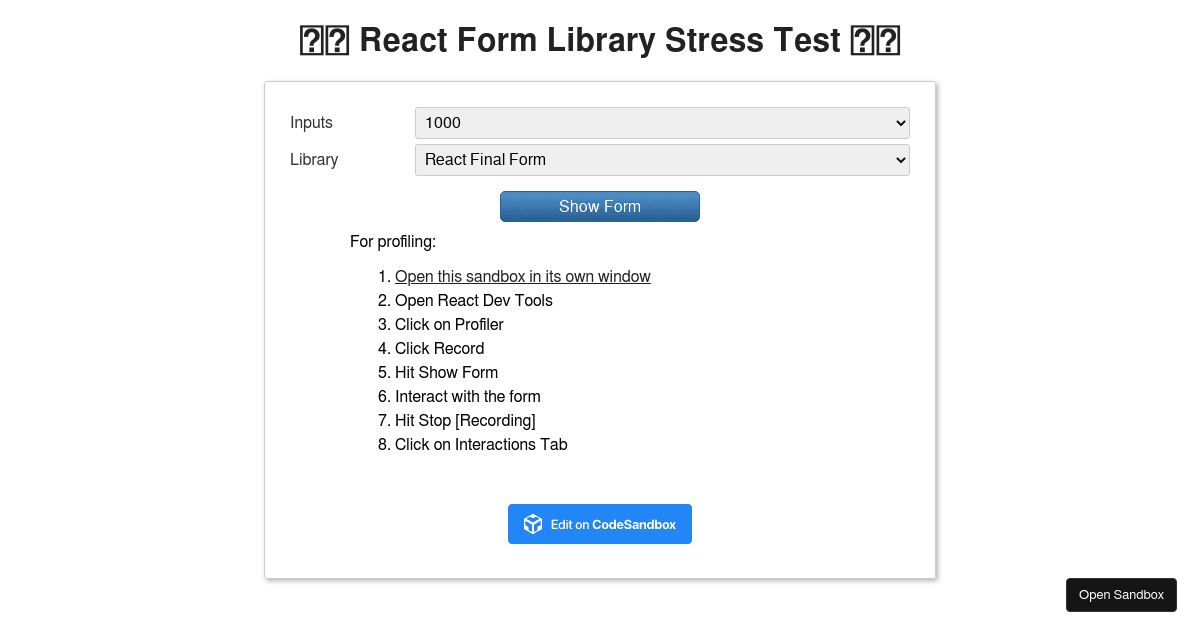 React Form Library Stress Test - Codesandbox
