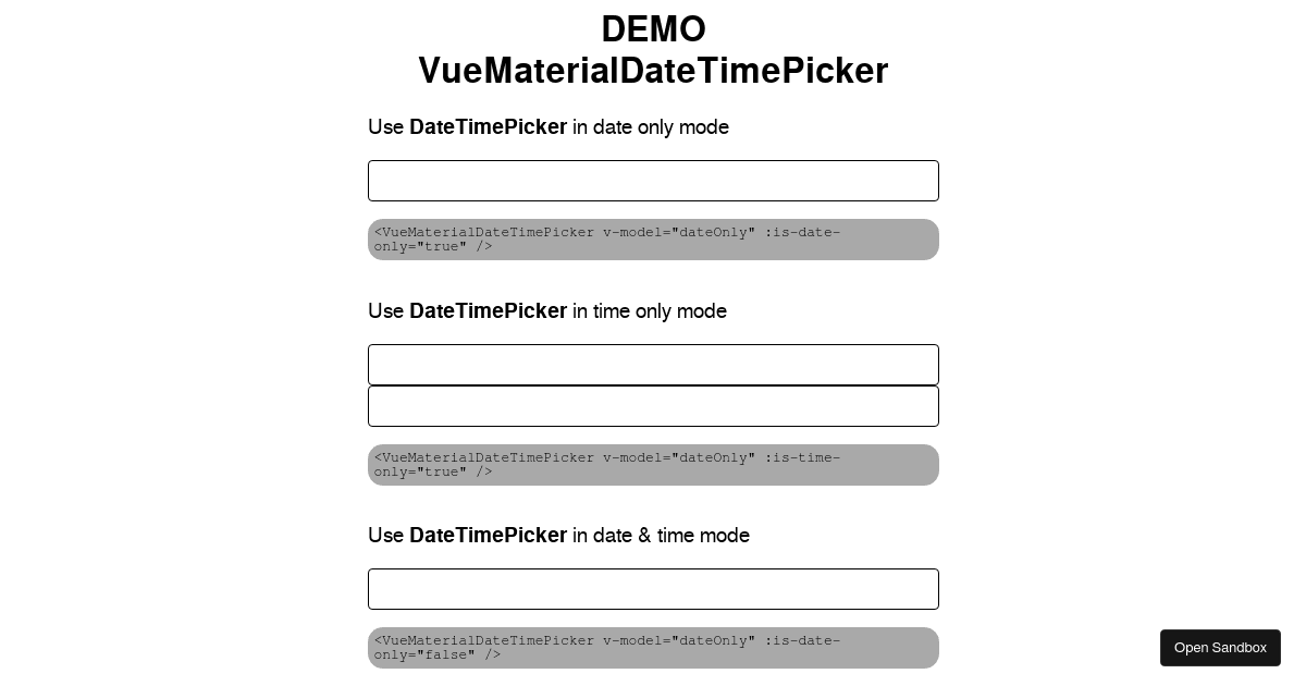 Vue MaterialDateTimePicker demo - Codesandbox