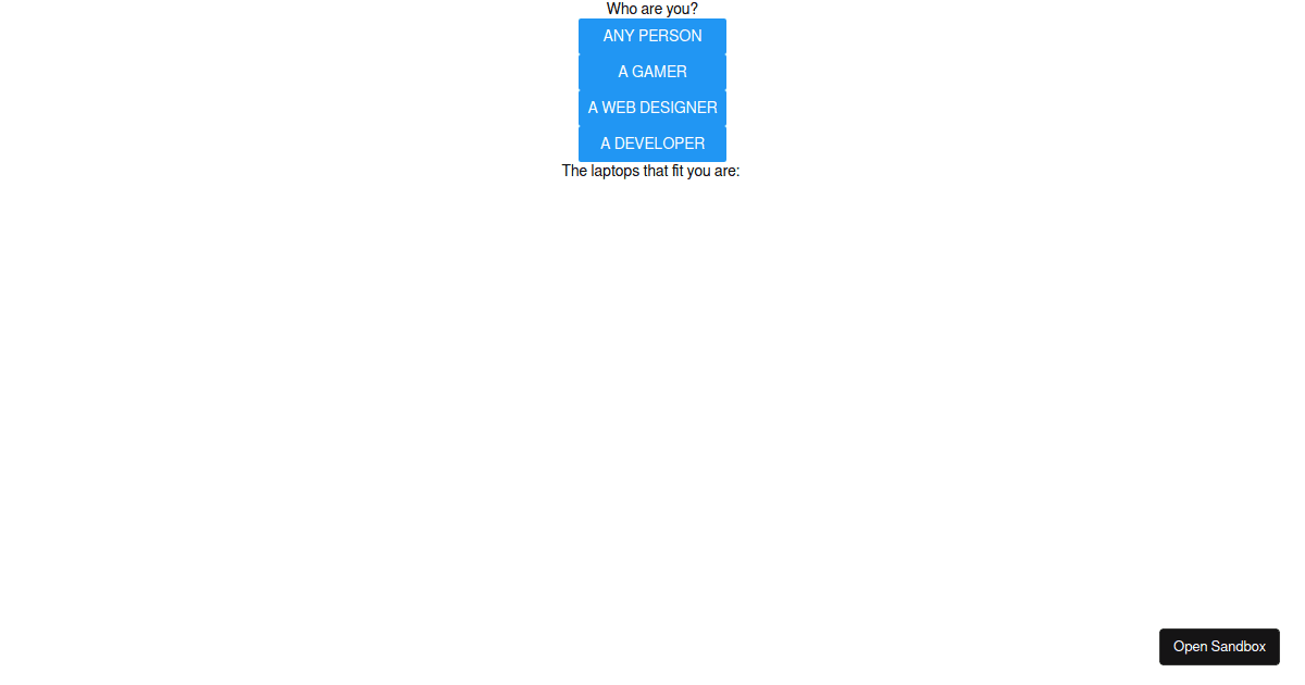 Data filter when pressing buttons - React native - Codesandbox