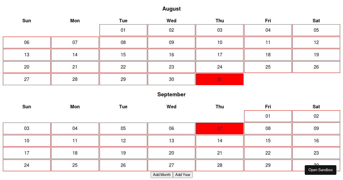 Calendar Dates Codesandbox