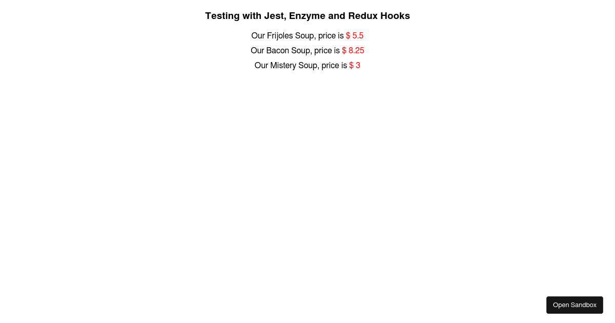 Testing with Jest, Enzyme, Redux (forked) Codesandbox