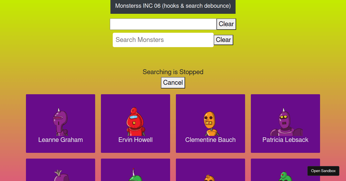 Monsters Axios 6 (hooks, debounce) (forked) - Codesandbox