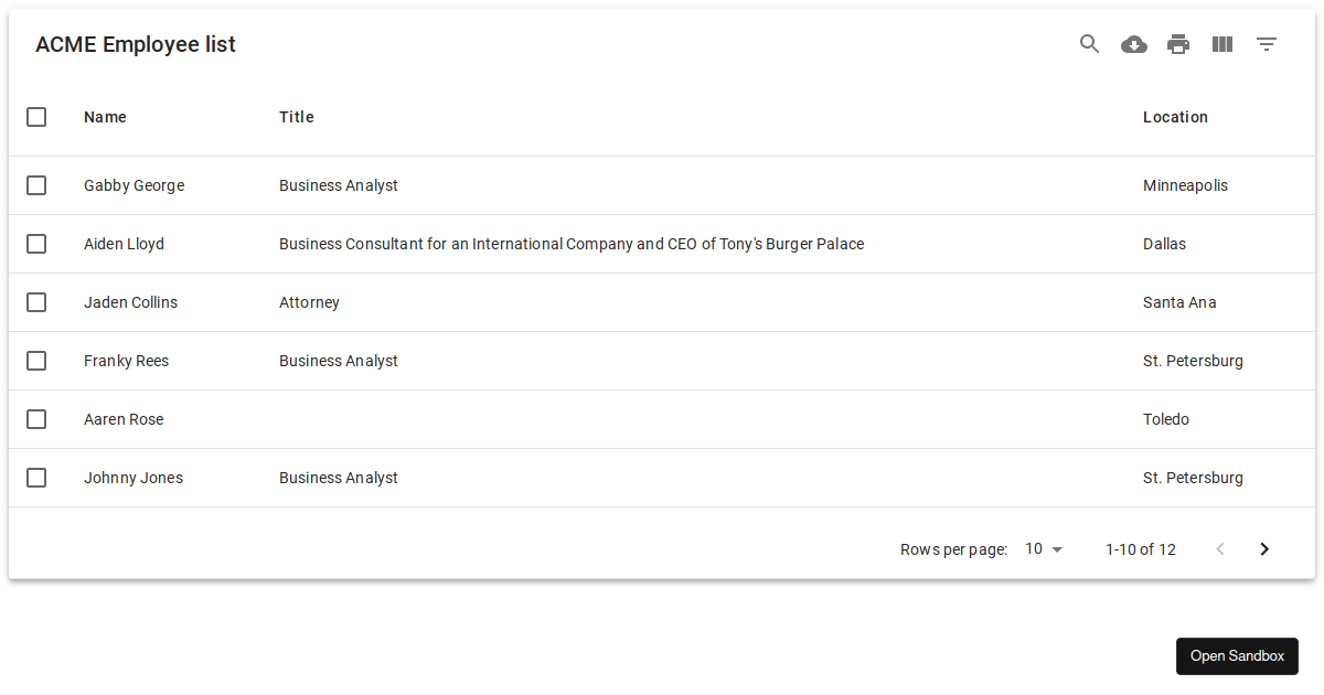 Muidatatable for printing Codesandbox